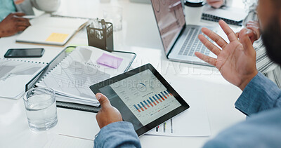 Buy stock photo Above, hands and business people with tablet screen for graphs, charts and feedback of performance. Office, marketing team and review with digital for economy growth, statistics and data analysis