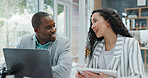 Laptop, talking and business people on tablet in office for online review, website and networking. Corporate, company and man and woman on technology for research, teamwork and project feedback