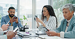 Phone, typing and distracted business people in office checking email, social media or online chat. Communication, connectivity and careless team in conference room with smartphone, addiction or risk