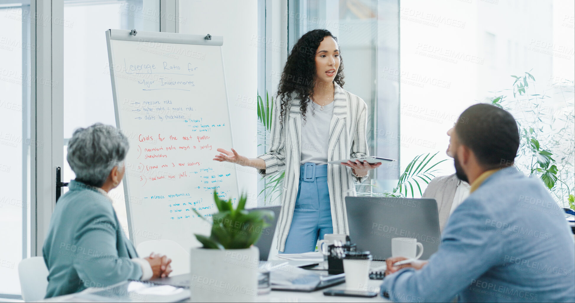 Buy stock photo Whiteboard, presentation and woman with business people in meeting for planning, discussion and project. Corporate, collaboration and manager with men and women for feedback, research and review