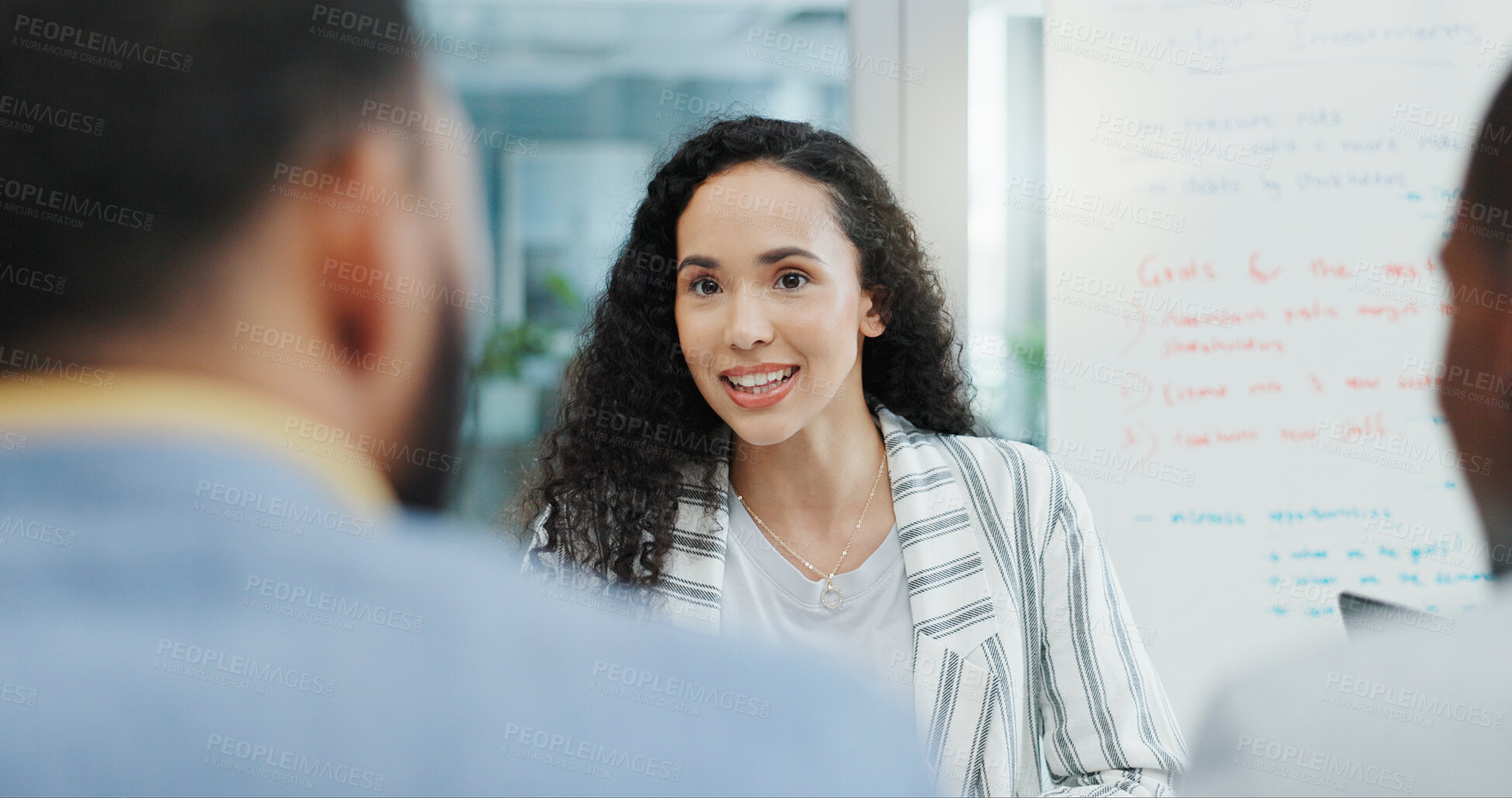 Buy stock photo Meeting, office and woman with business people in discussion for planning, teamwork and project idea. Corporate, collaboration and men and women talking for feedback, company review and presentation