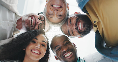 Buy stock photo Teamwork, office and portrait of business people in circle  for diversity, collaboration and team building. Professional, corporate and below of men and women huddle for solidarity, meeting and happy