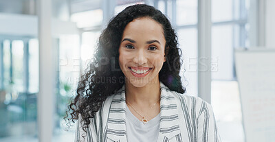 Buy stock photo Happy, corporate and portrait of business woman with company pride, confidence and smile. Entrepreneur, professional consultant and face of person in office for career, job opportunity and working