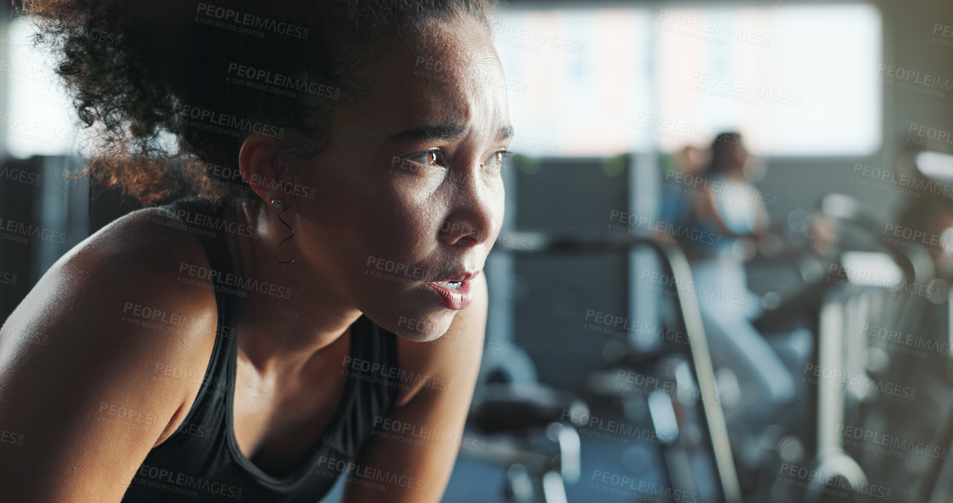 Buy stock photo Fitness, thinking and tired with woman in gym for break from intense training or workout. Breathing, exercise and sweating with exhausted athlete person in health club for challenge or performance