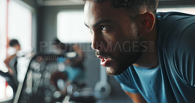 Buy stock photo Exercise, thinking and tired with man in gym for break from intense training or workout. Breathing, fitness and sweating with exhausted athlete person in health club for challenge or performance