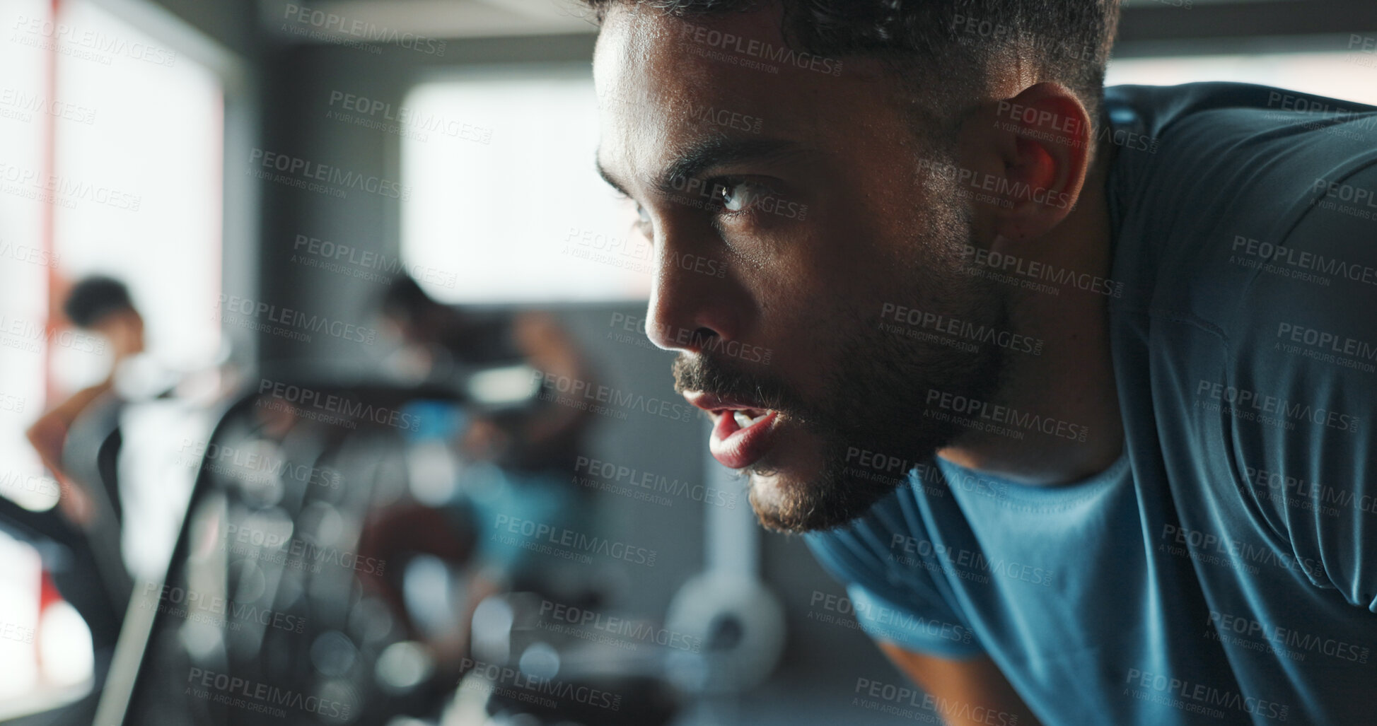 Buy stock photo Exercise, thinking and tired with man in gym for break from intense training or workout. Breathing, fitness and sweating with exhausted athlete person in health club for challenge or performance