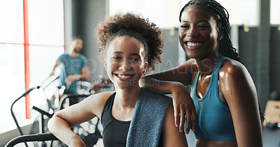 Buy stock photo Fitness, portrait and smile of woman friends in gym together for break from training or workout. Exercise, sports and wellness with happy athlete people in health club for challenge or performance