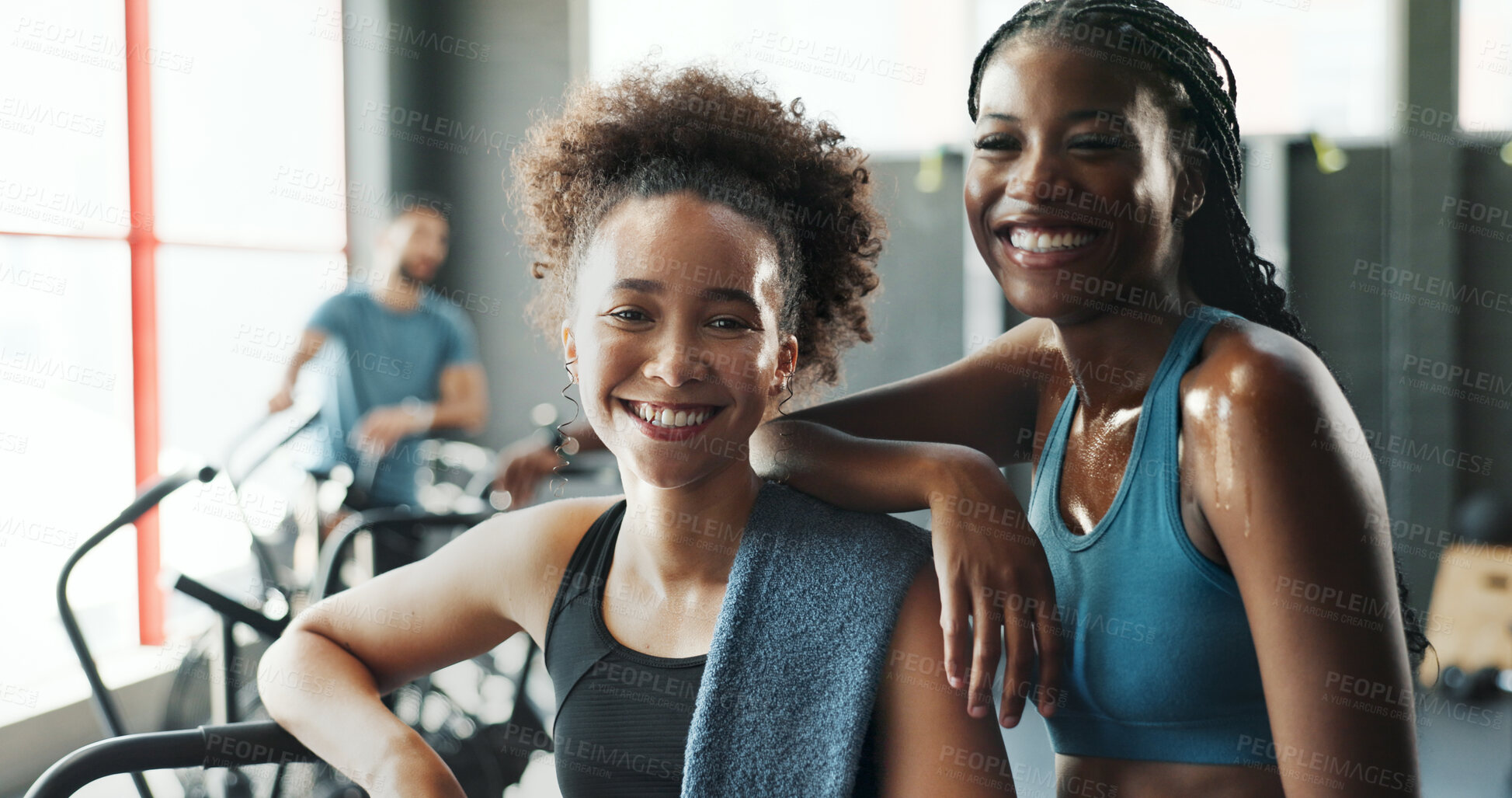 Buy stock photo Fitness, portrait and smile of woman friends in gym together for break from training or workout. Exercise, sports and wellness with happy athlete people in health club for challenge or performance