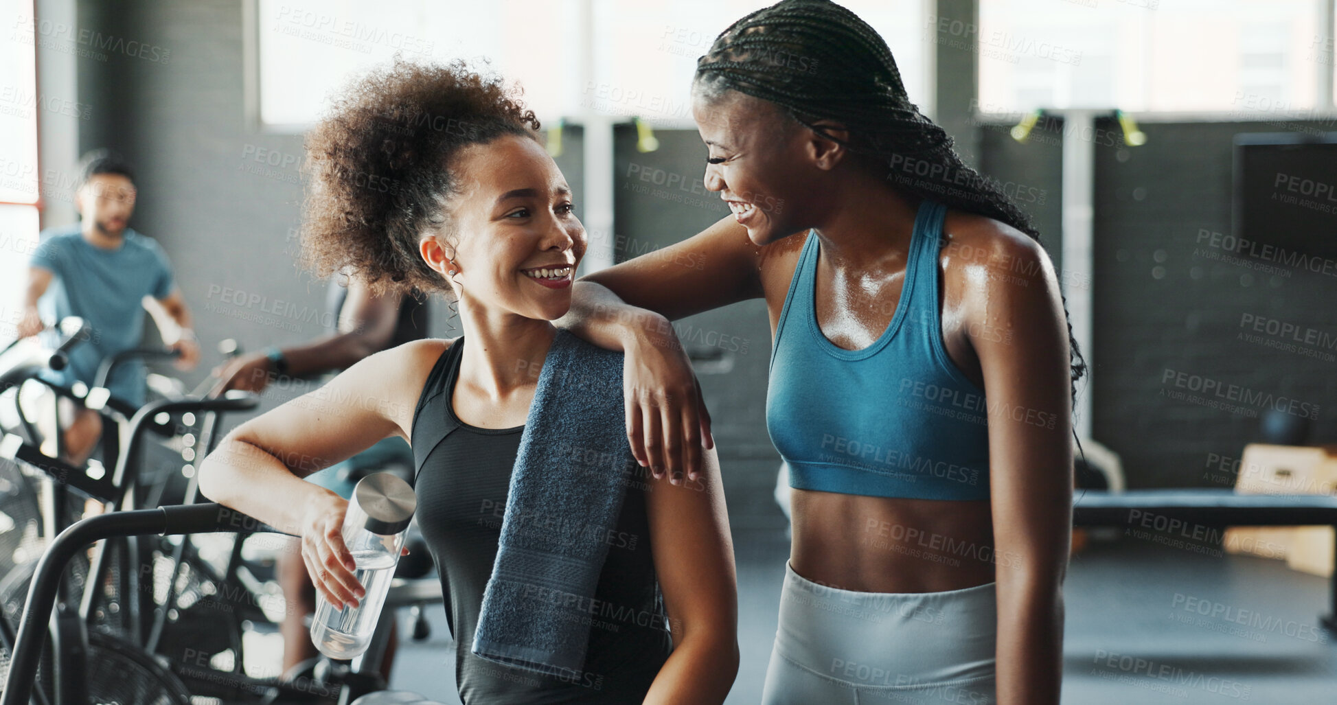 Buy stock photo Fitness, smile and teamwork with woman friends in gym together for break from training or workout. Rest, exercise and water bottle with happy athlete people in health club for challenge or hydration