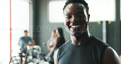 Buy stock photo Fitness, portrait and smile of black man in gym for break from class, training or workout. Athlete, exercise and sports with happy personal trainer in health club for challenge or performance