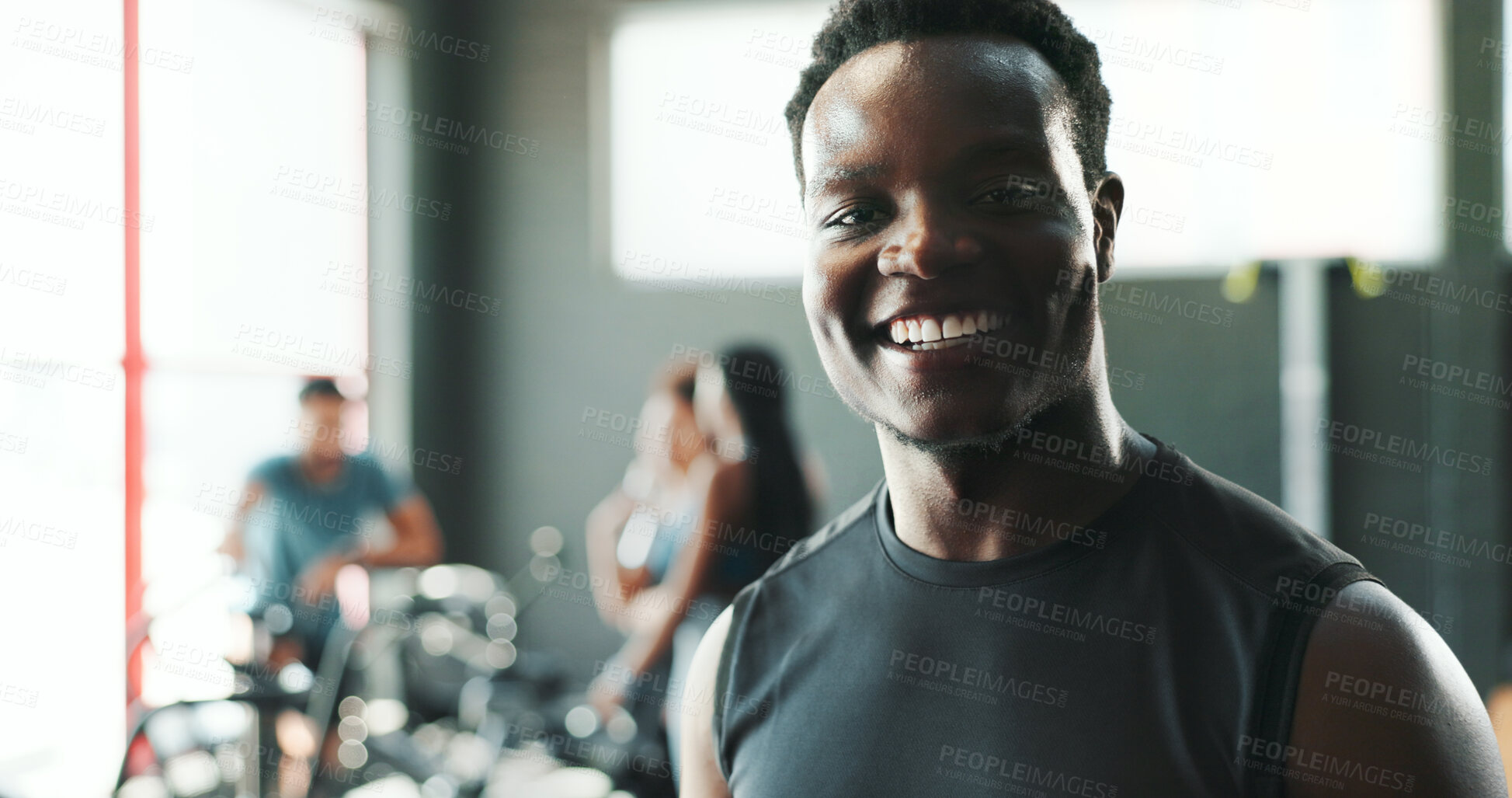 Buy stock photo Fitness, portrait and smile of black man in gym for break from class, training or workout. Athlete, exercise and sports with happy personal trainer in health club for challenge or performance