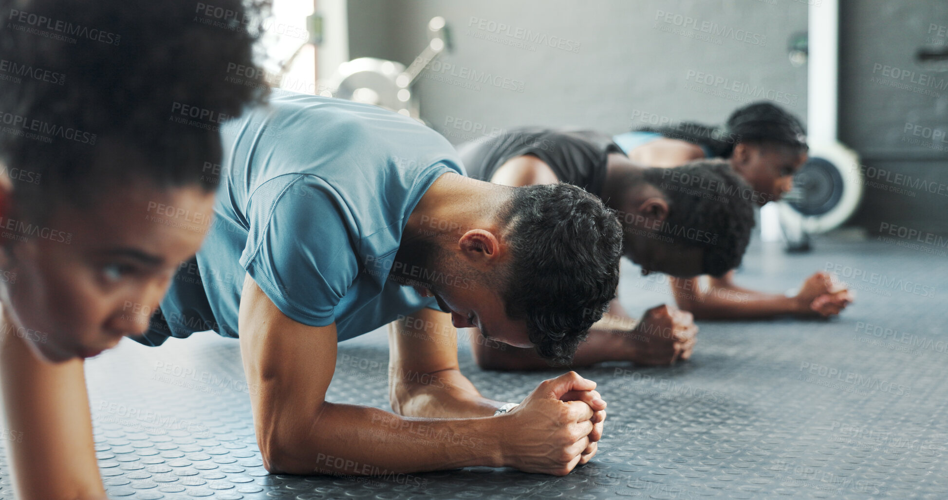 Buy stock photo Fitness, plank and power with group friends on gym floor together for training or workout. Exercise, strength and sports with athlete people in health club for intense challenge or performance