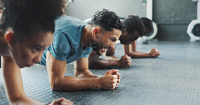 Buy stock photo Exercise, plank and power with group friends on gym floor together for training or workout. Fitness, strength and sports with athlete people in health club for intense challenge or performance