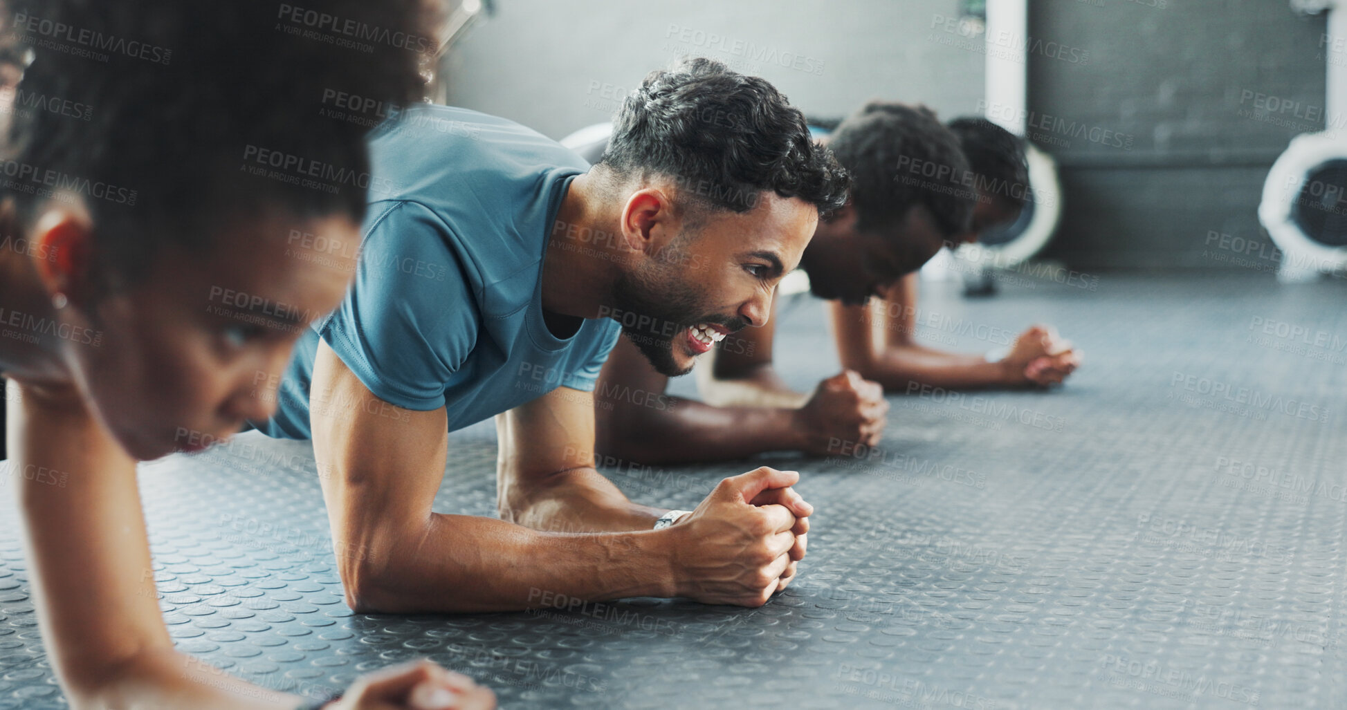 Buy stock photo Exercise, plank and power with group friends on gym floor together for training or workout. Fitness, strength and sports with athlete people in health club for intense challenge or performance