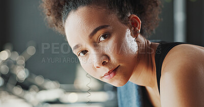 Buy stock photo Break, fitness and portrait of black woman in gym for challenge, sports training or workout. Exhausted, fatigue or tired with face of athlete person in health club for recovery or rest from exercise