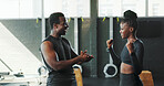 Applause, fitness and smile with black people in gym for challenge, sports training or workout. Strong, success or support with athlete and personal trainer in health club for exercise goal or target