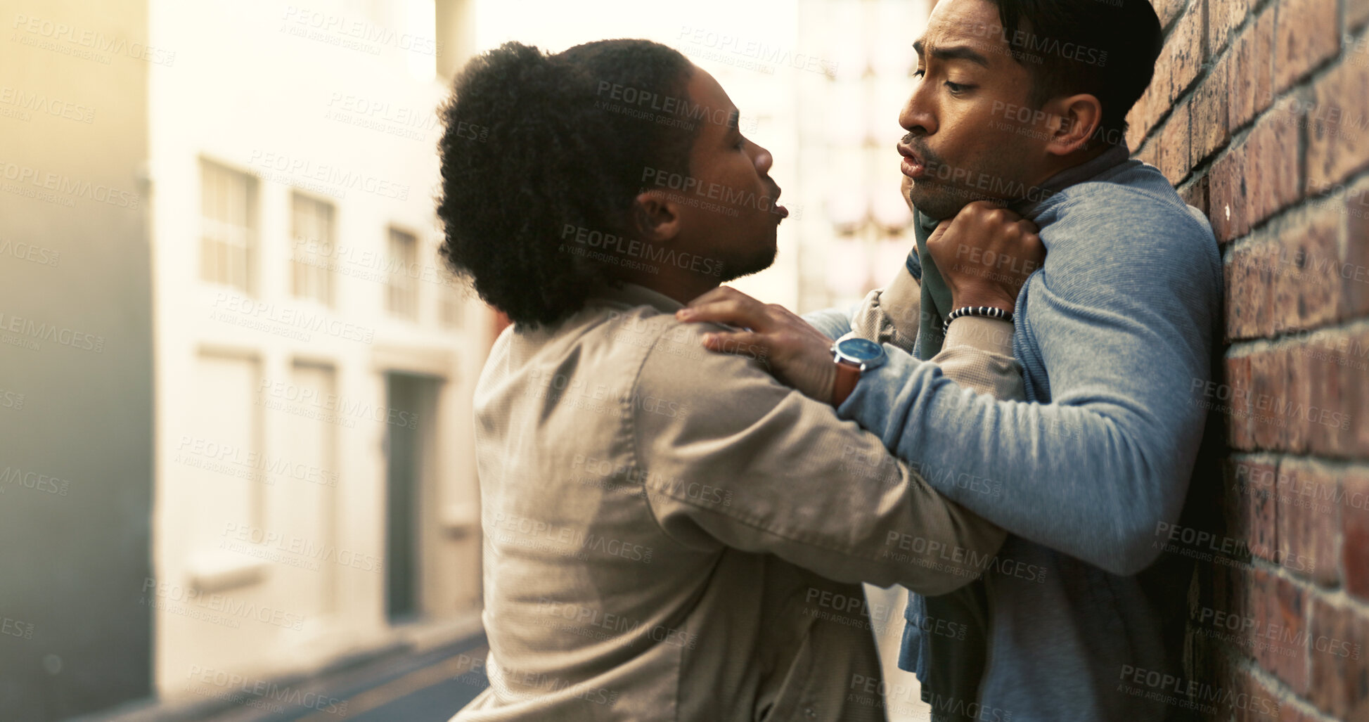 Buy stock photo Conflict, fighting or threat with men in city for aggressive disagreement, physical harm and violence. Anger, bullying and fear with enemy people outdoor in urban town for frustration or harassment