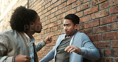 Buy stock photo Conflict, fighting or stress with men in city for aggressive disagreement, physical harm and violence. Anger, bullying and crime with enemy people outdoor in urban town for frustration or harassment