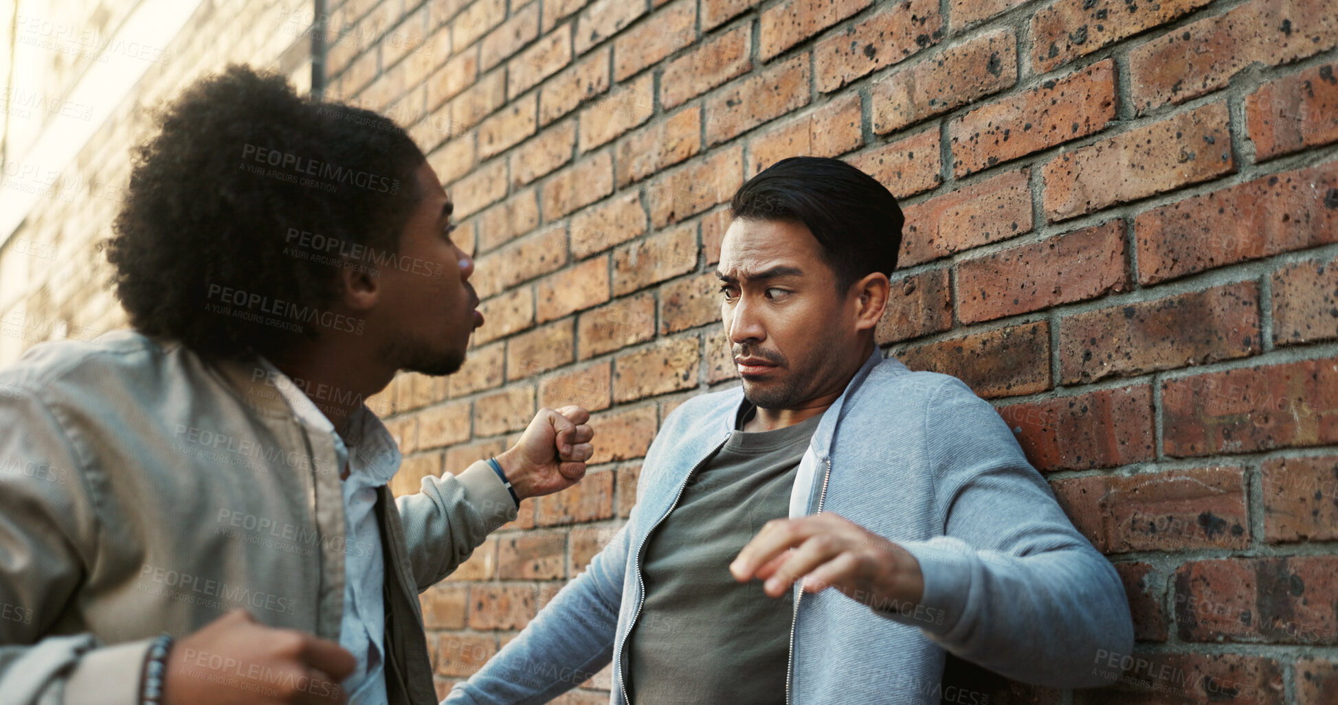 Buy stock photo Conflict, fighting or stress with men in city for aggressive disagreement, physical harm and violence. Anger, bullying and crime with enemy people outdoor in urban town for frustration or harassment