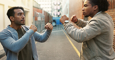 Buy stock photo Angry men, city and fight for conflict, violence and disagreement or bullying in alley. Battle, fist and people with problem, argument and aggression with self defense outdoor brawl in street