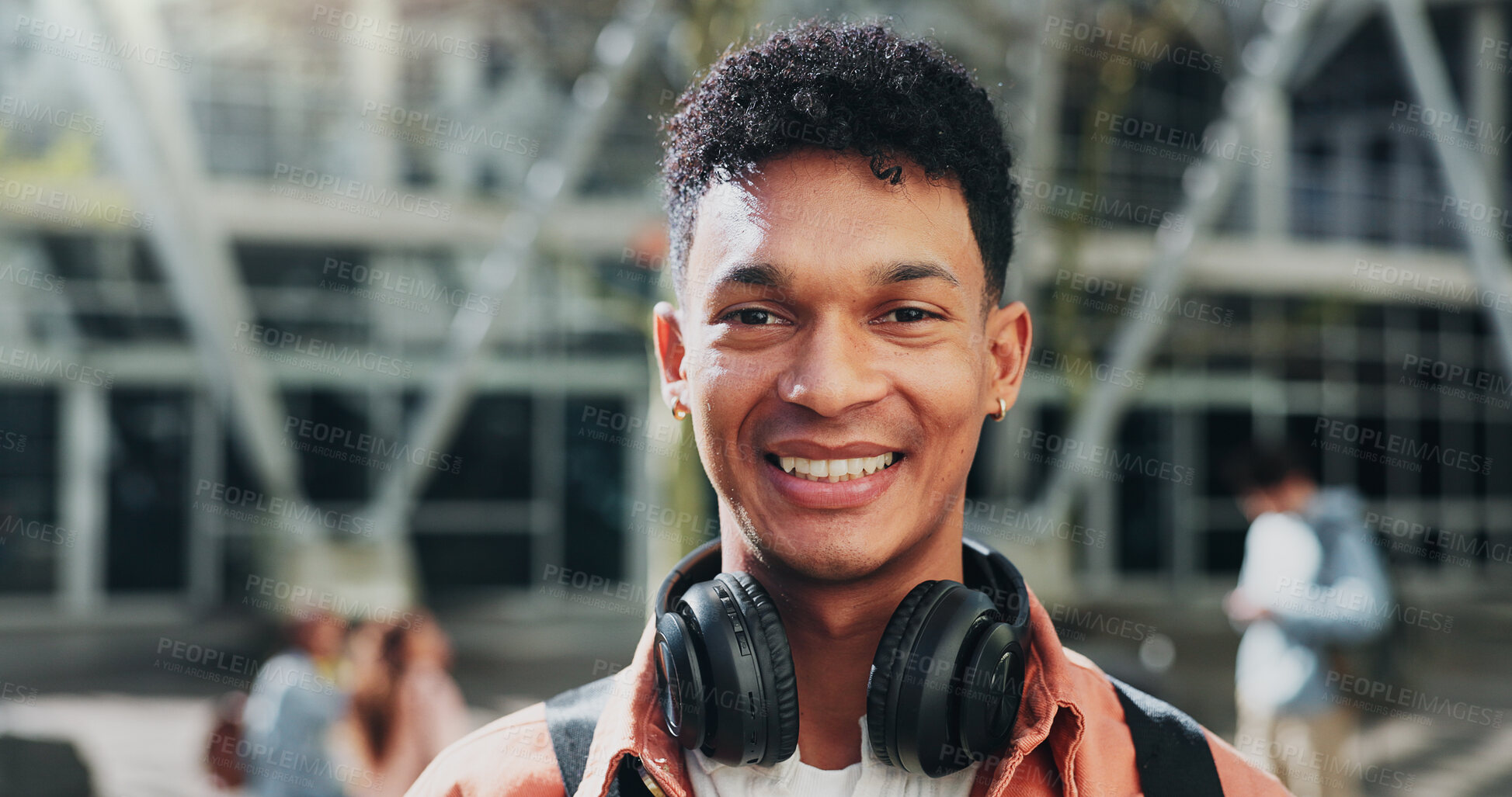 Buy stock photo Happy man, outdoor and portrait of student on campus for education, learn and books for studying. Male person, backpack and start of university for future, headphones and college institute in Brazil