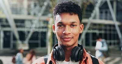 Buy stock photo Man, outdoor and portrait of student at academy for education, learning and  studying. Male person, backpack and start of university for knowledge, headphones and college institute in Brazil