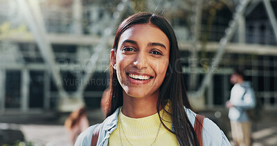 Buy stock photo Woman, outdoor and portrait of student on campus for education, learning and bag for studying. Female person, backpack and start of university for knowledge, academy and college institute in India