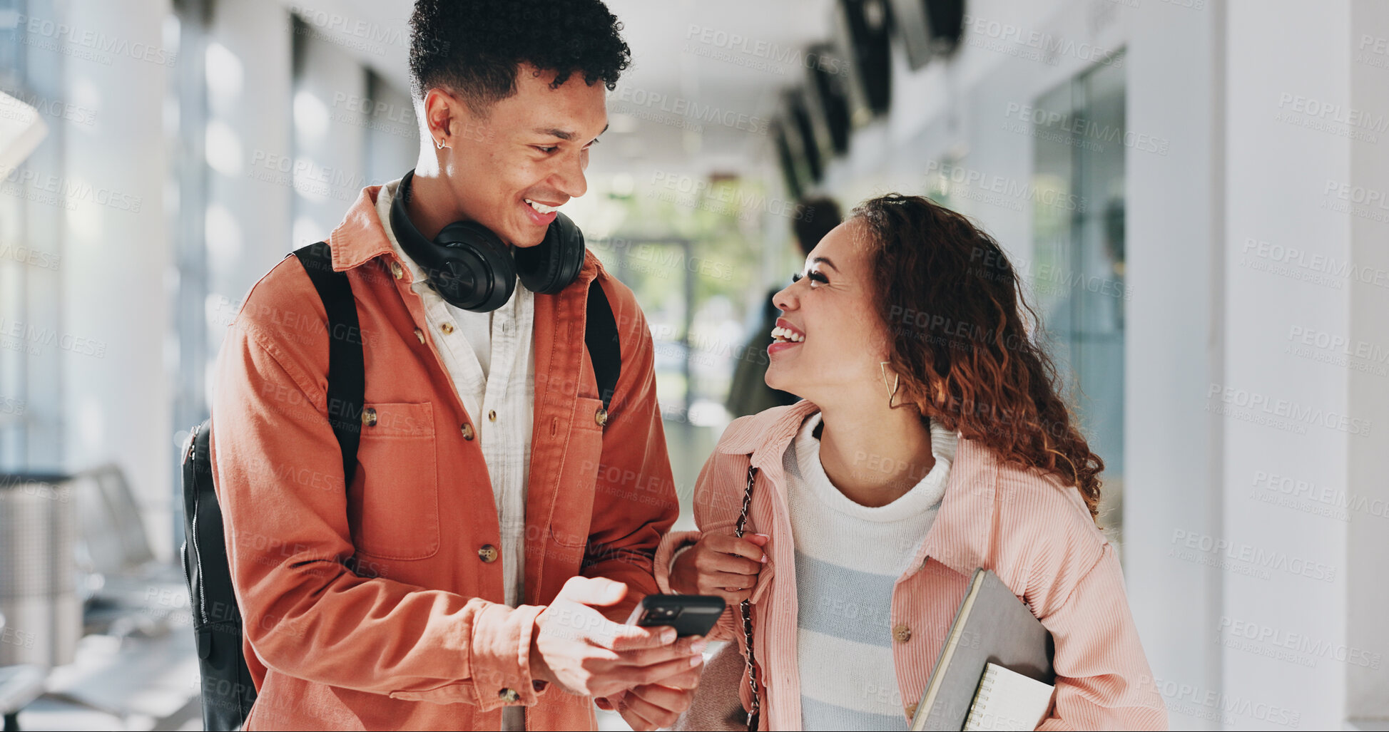 Buy stock photo Students, smile and discussion with phone at school for campus gossip, social media and reading blog. Friends, people and mobile for education news, article information and university notification