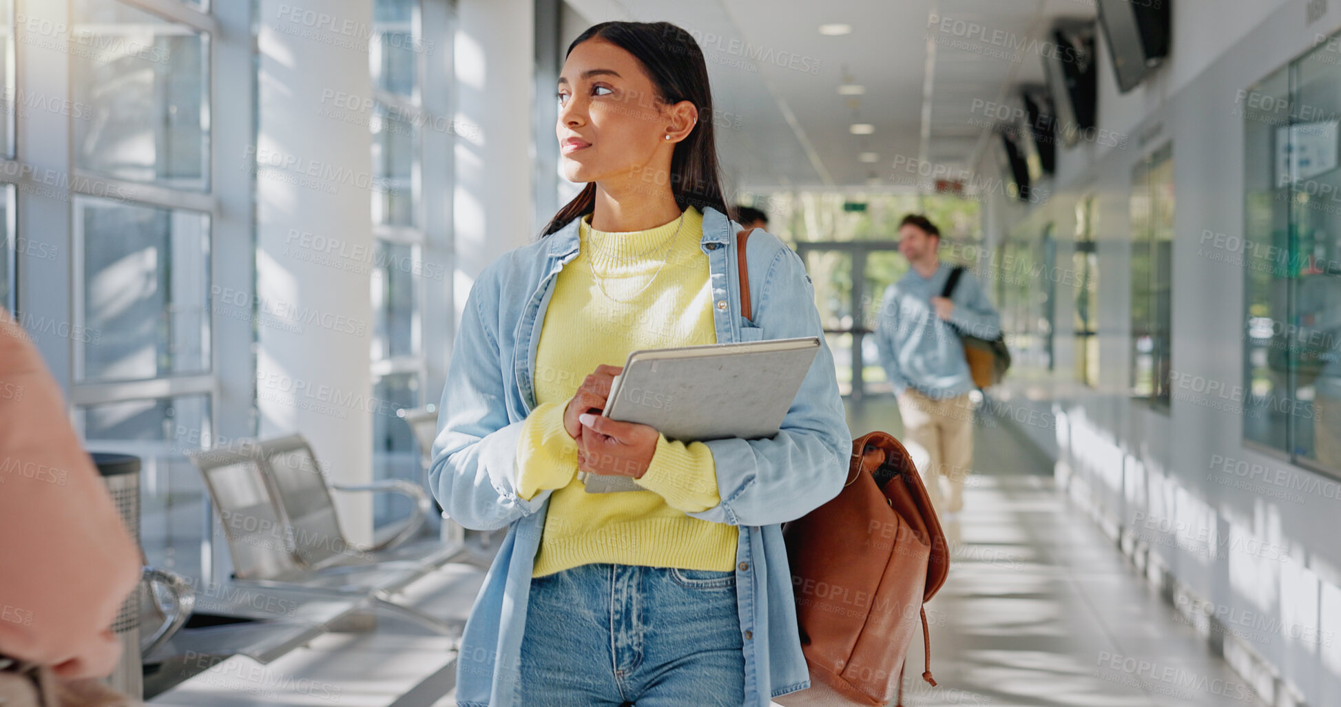 Buy stock photo Woman, thinking and walking to university class, education and student for studying on campus. Female person, backpack and start of learning for knowledge, academy and planning future at college