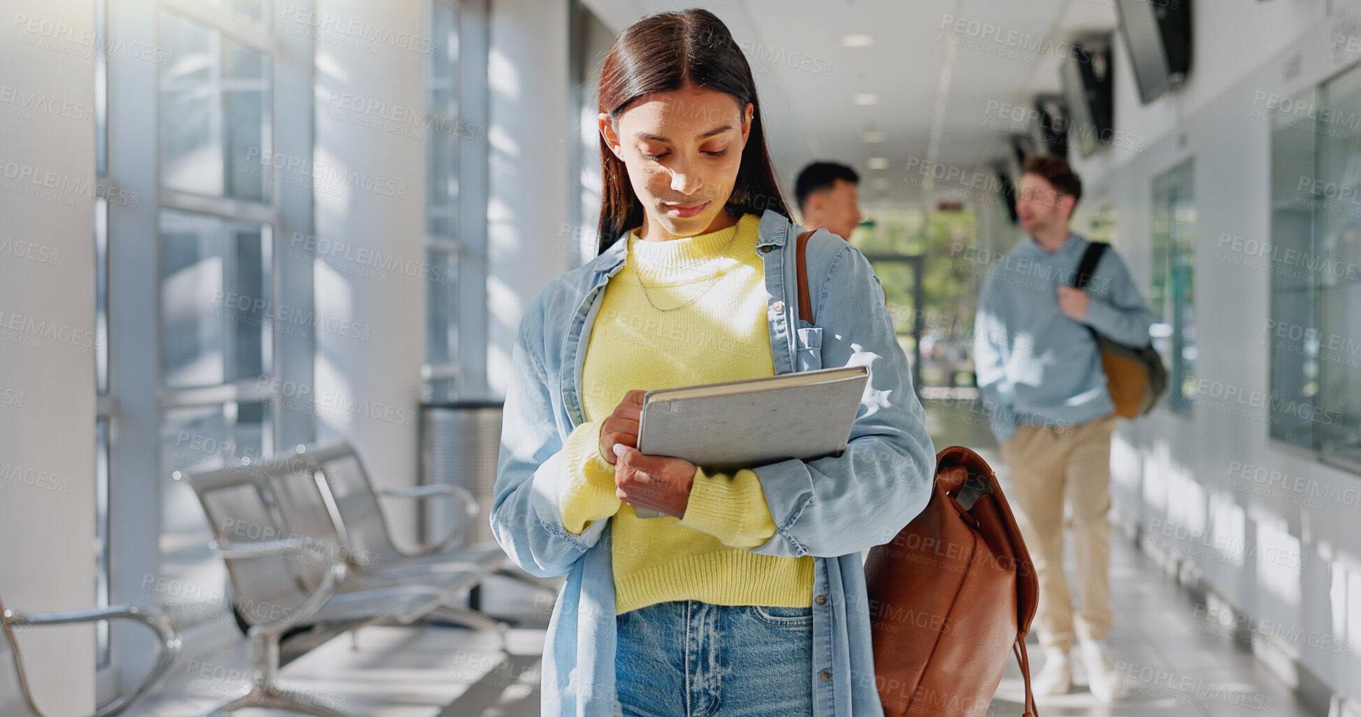 Buy stock photo Woman, books and walking to university class, education and student for studying on campus. Female person, backpack and start of learning for knowledge, academy institute and plan future at college