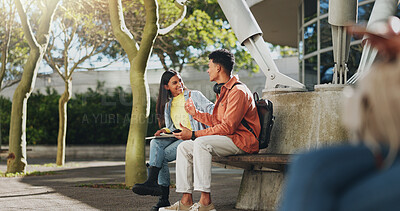 Buy stock photo Bench, university or students on break talking or speaking of scholarship, education and future plan on campus. Outdoor, school or happy friends in college bonding in fun conversation for support