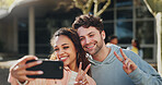 Happy couple, students and selfie with peace sign at campus for photography, picture or memory. Young, man and woman with smile, emoji or gesture for moment, capture or friendship at university