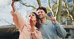 Happy couple, love and peace sign with selfie for memory, picture or photography at outdoor campus. Young man, woman or students with smile for moment, capture or friendship together at university