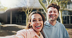 Happy students, portrait and friends with selfie for memory, picture or photography at outdoor campus. Young, man and woman with smile in joy for moment, capture or friendship together at university