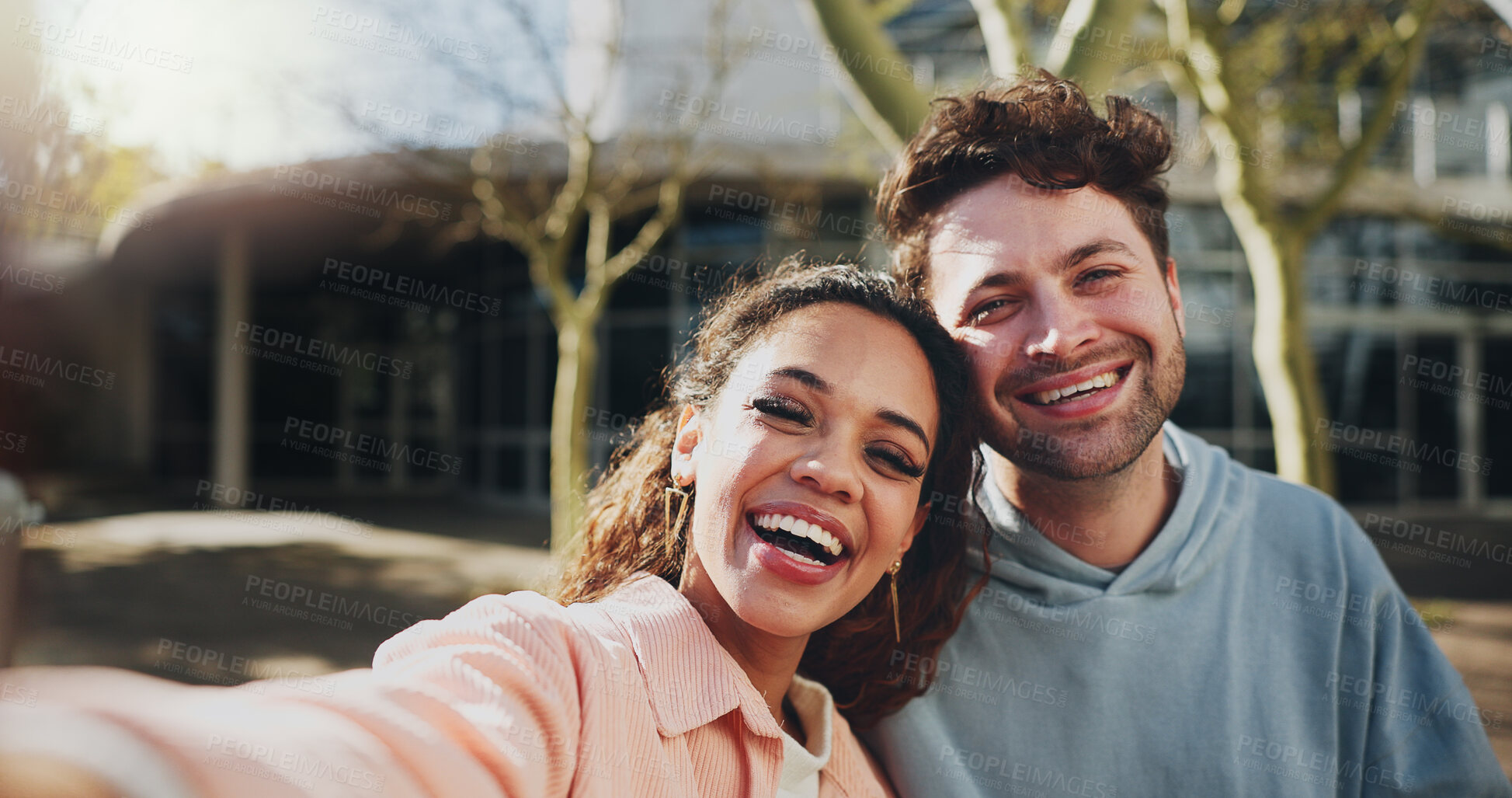 Buy stock photo Happy couple, students and love with selfie for memory, picture or photography at outdoor campus. Young, man and woman with smile in joy for moment, capture or friendship together at university