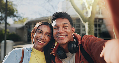 Buy stock photo Happy couple, portrait and love with selfie for memory, picture or photography at outdoor campus. Young, man and woman with smile in joy for moment, capture or friendship together at university