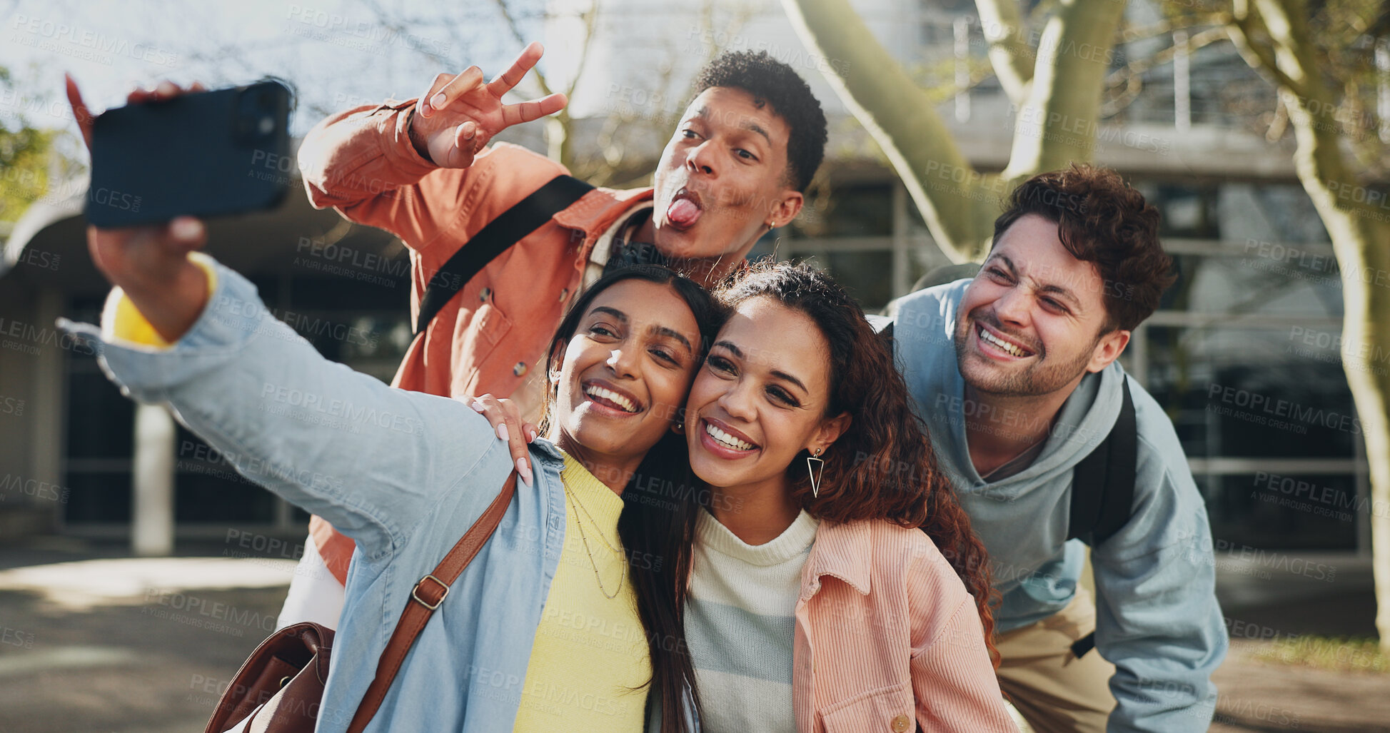 Buy stock photo Happy people, students and peace sign with selfie for memory, photography or picture at outdoor campus. Young, group and friends with smile or emoji for moment or capture together at university