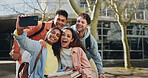 Happy students, friends and hug with selfie for memory, photography or picture at outdoor campus. Young, group and people with smile in joy for union, social moment or capture together at university