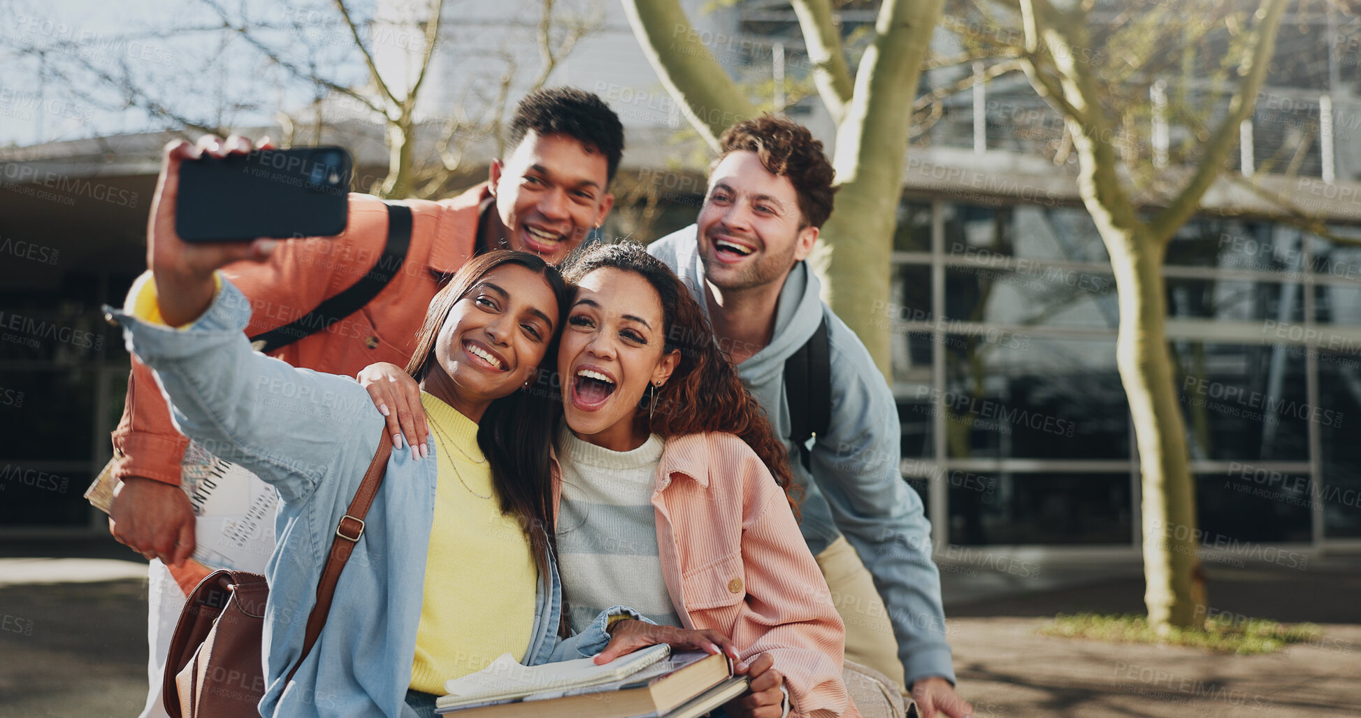 Buy stock photo Happy students, friends and hug with selfie for memory, photography or picture at outdoor campus. Young, group and people with smile in joy for union, social moment or capture together at university