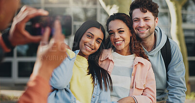 Buy stock photo Friends, photography or students at university for happy memory in outdoor campus with smile. Education, learning or group of proud people bonding in pictures at college for social media or diversity