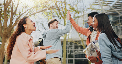 Buy stock photo High five, outdoor and students with celebration, support and motivation for test, project and research. Campus, men and woman with education, hand gesture and cooperation with knowledge and excited