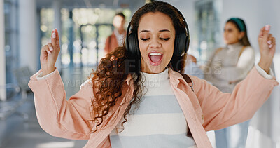 Buy stock photo Student, music or happy in university for dance, energy or positive attitude in morning. Girl, headphones or freedom in lobby with tech, creativity and streaming favorite song on campus for good mood