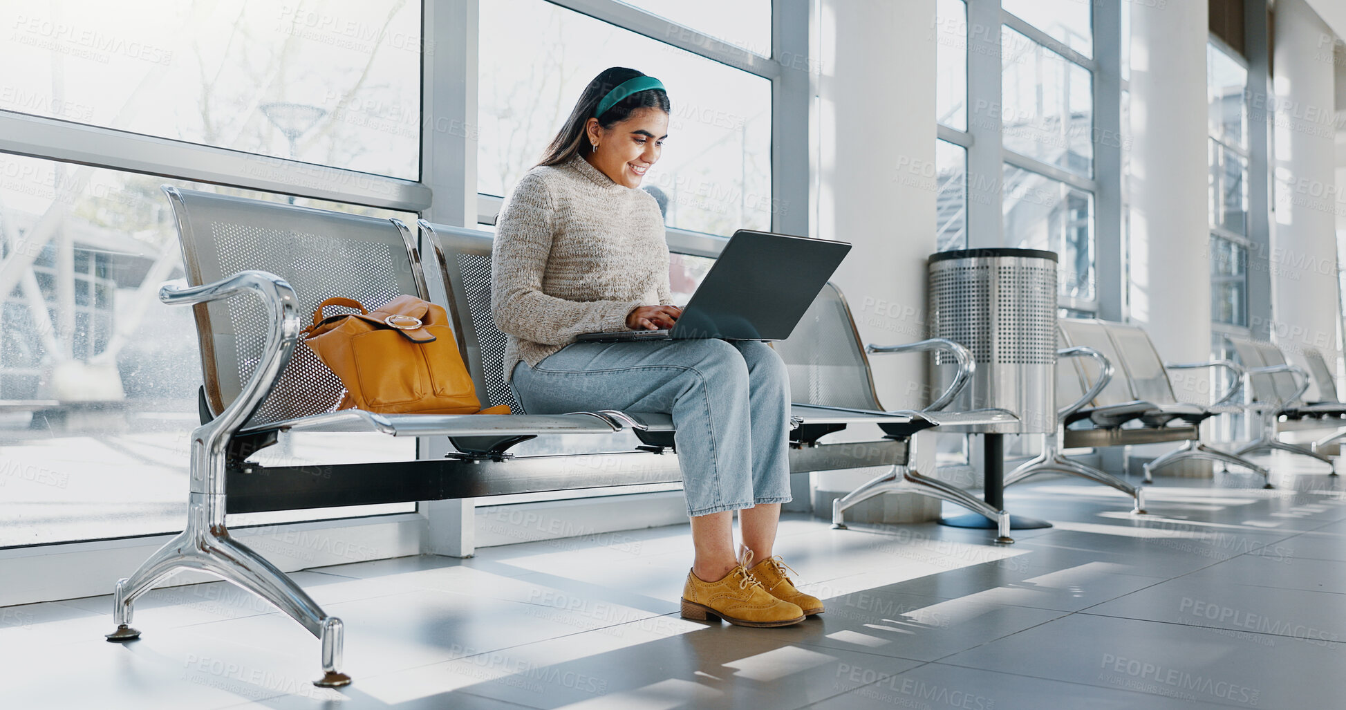 Buy stock photo Laptop, school and smile with student woman on bench at college or university for learning or study. Computer, development and education with happy person on campus for future or research assignment