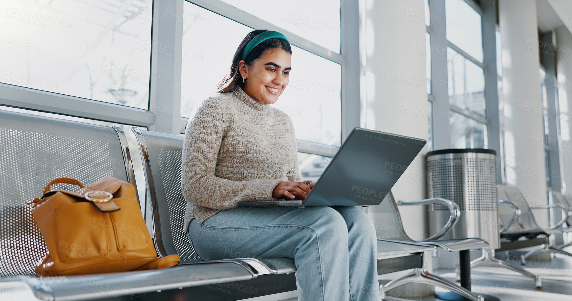 Buy stock photo Education, laptop and smile with student woman on bench at college or university for learning or study. Computer, development and future with happy person on campus for research or school assignment