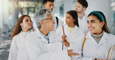 Buy stock photo Healthcare, doctor and students walking in hospital with medical discussion, collaboration and feedback. Diversity group, medicine personnel and mentor for learning support, advice and team in clinic