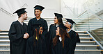 Graduation, friends or excited at university for achievement, life goals and chat for support. Students, event or talking at campus stairs for future plans, academic success and motivation for growth