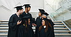 Graduation, students or excited at university for achievement, life goals and chat for support. Friends, event or talking at campus stairs for future plans, academic success and motivation for growth