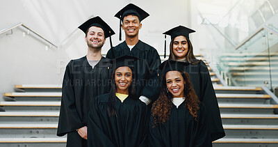 Buy stock photo Students, graduation class and portrait on stairs for education, learning and group for success. People, university and celebration for college achievement, support and together for certification