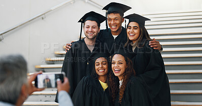 Buy stock photo Friends, graduation or happy on campus for photography, support or smile for achievement. Students, class or excited at stairs for event, academic success or taking picture for yearbook or local news