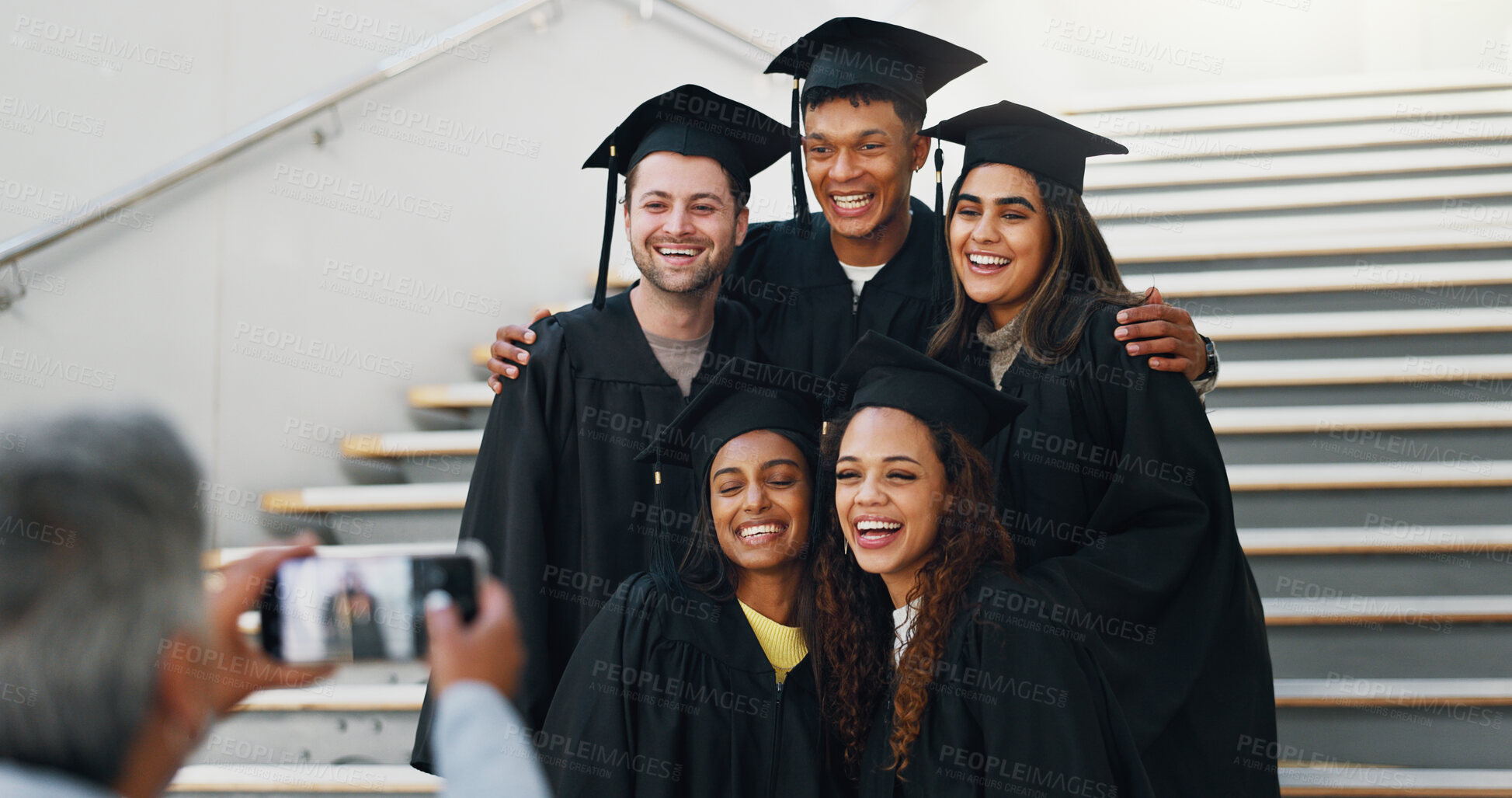 Buy stock photo Friends, graduation or happy on campus for photography, support or smile for achievement. Students, class or excited at stairs for event, academic success or taking picture for yearbook or local news